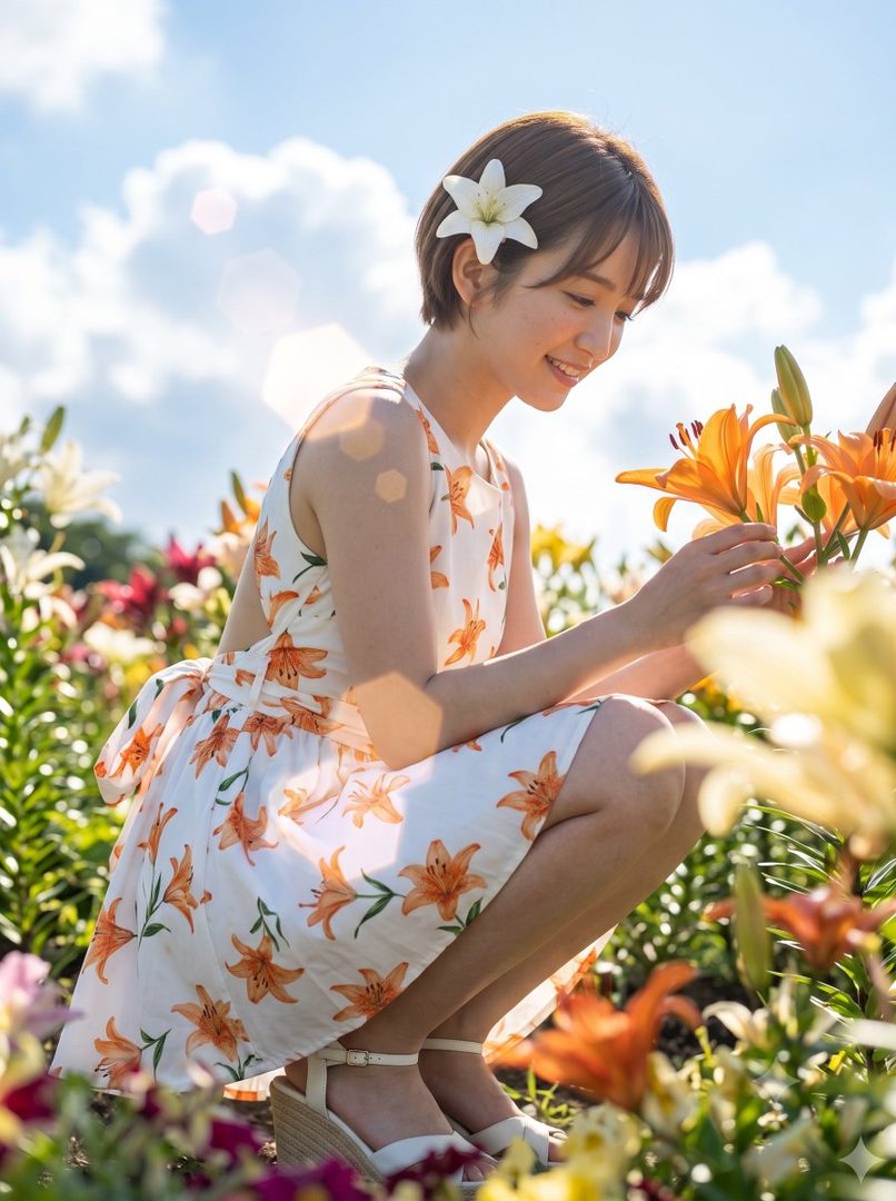 A young woman with short brown hair and a white flower tucked behind her ear, wearing a floral dress, crouches in a field of lilies, gently touching the flowers.