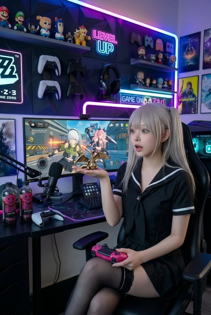 A young woman with silver pigtails, wearing a black sailor-style uniform and thigh-high stockings, sits in a gaming chair holding a pink controller and a small dragon figurine, with a computer monitor displaying a video game in the background.