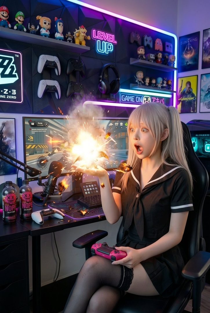 A young woman with blonde pigtails, wearing a black sailor-style uniform and thigh-high stockings, sits in a gaming chair with a pink controller, looking surprised as an explosion erupts from her hand in front of a computer setup.