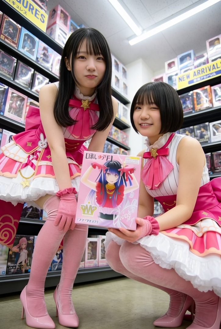 Two young Japanese women in matching pink idol outfits pose in front of shelves filled with anime figures, holding a merchandise box.