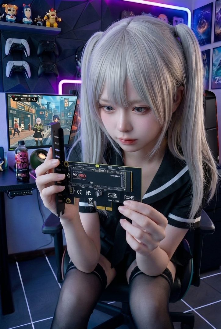 A young woman with silver twintails, wearing a black sailor-style uniform and thigh-high stockings, holds a computer component in a room with gaming equipment.
