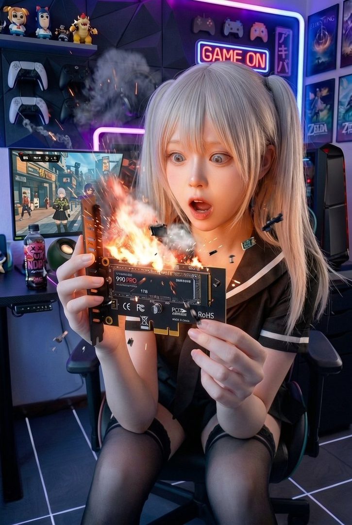 A surprised AI girl with blonde twintails holds a burning computer component in a neon-lit gaming room.