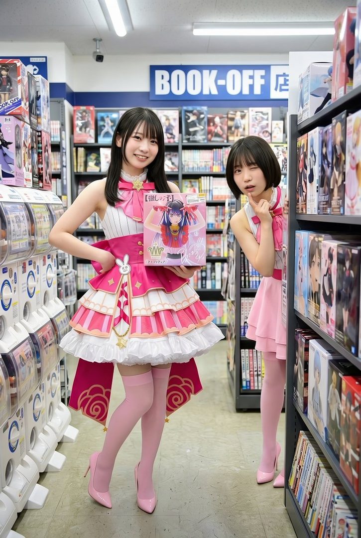 Two young women in pink idol-style outfits pose in a store aisle filled with merchandise.