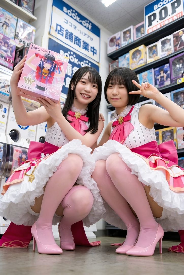 Two young women in matching pink and white idol outfits pose in front of shelves filled with anime figures at a store.