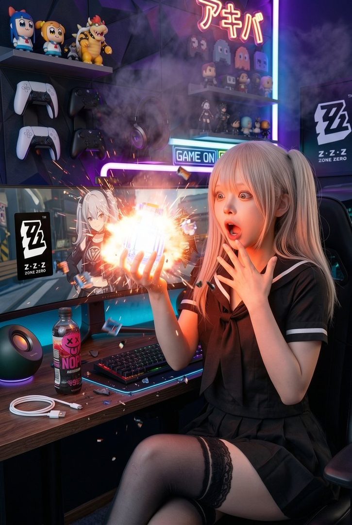 A young woman with blonde twintails, wearing a school uniform-style outfit, sits at a gaming desk with a surprised expression as an explosion effect emanates from her hands.