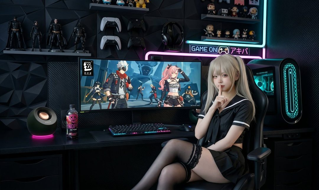 A young woman with blonde hair sits in a gaming chair in front of a computer, wearing a sailor-style uniform and thigh-high stockings, with a gaming setup in the background.