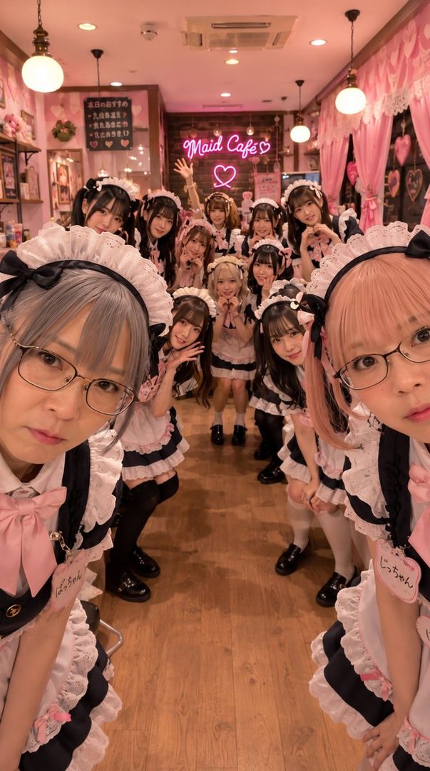 A group of young women dressed as maids pose for a selfie in a pink-themed maid cafe.
