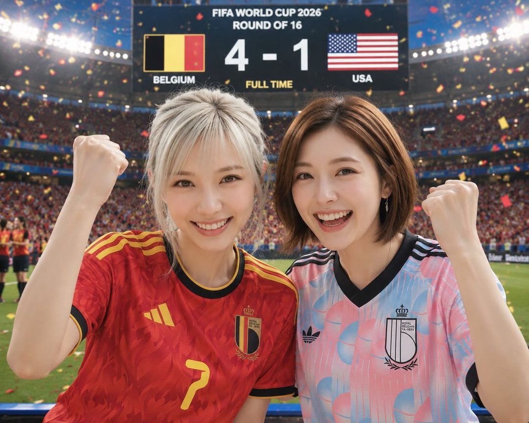 Two young women in soccer jerseys cheer in front of a stadium scoreboard showing Belgium 4 - USA 1.
