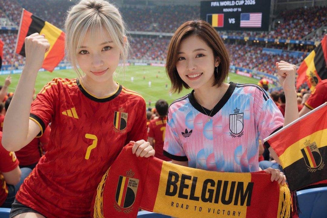 Two young women in Belgium football jerseys cheer at a FIFA World Cup match, holding a Belgium scarf and flag.