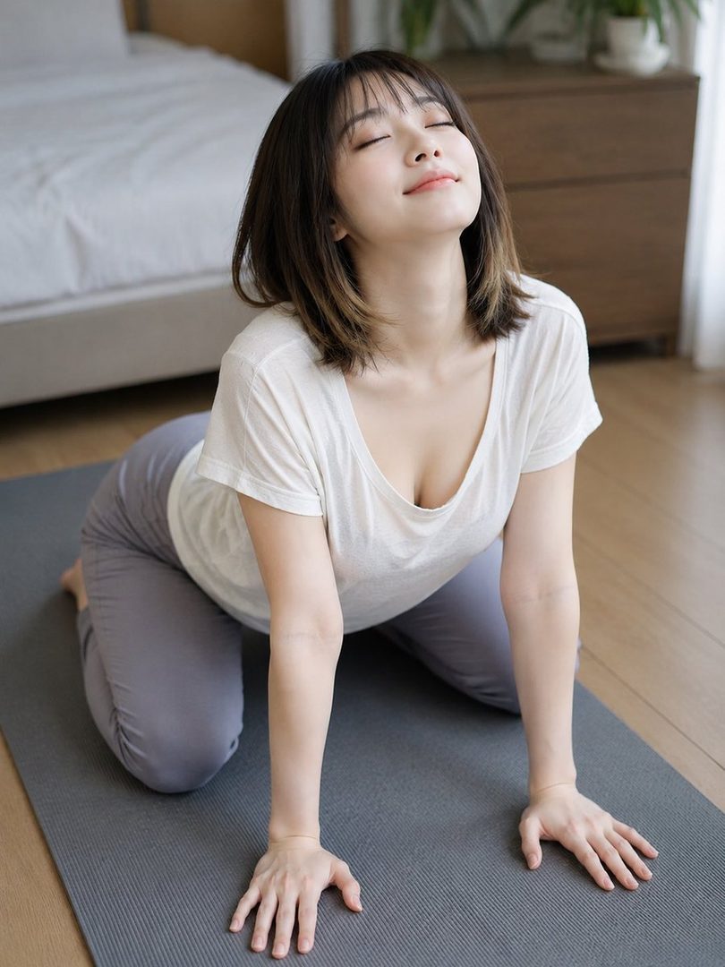 A young East Asian woman with short, dark hair and bangs is performing a yoga pose on a mat indoors, with her eyes closed and a serene expression.