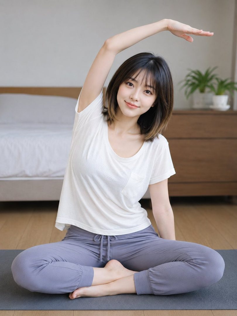 A young East Asian woman with short brown hair, wearing a white t-shirt and grey sweatpants, is sitting on a yoga mat indoors and stretching.