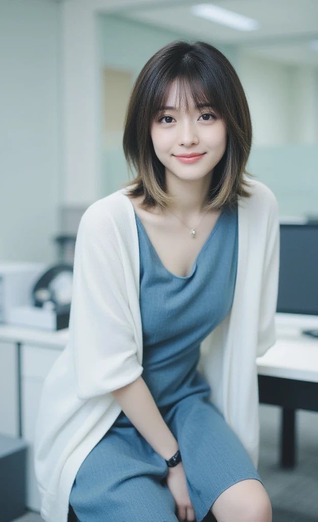 A young East Asian woman with short brown hair and bangs, wearing a blue dress and a white cardigan, smiles gently in an indoor setting.