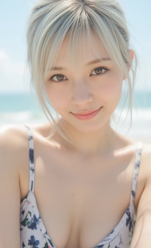 A beautiful young woman with blonde hair smiles gently at the camera, wearing a floral bikini on a sunny beach.