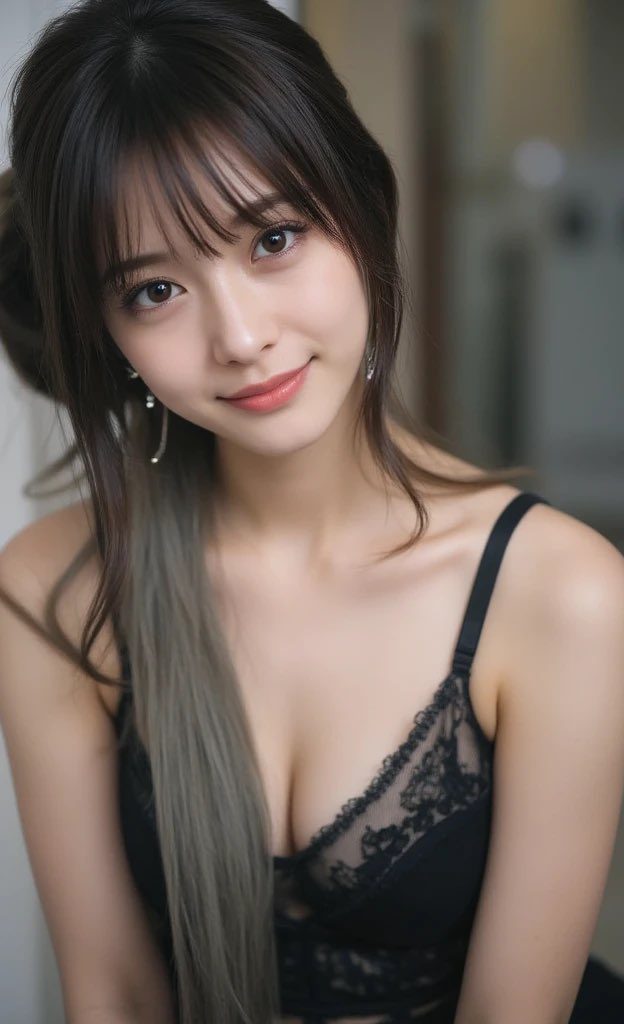 A beautiful East Asian woman with long dark hair and bangs, wearing a black lace camisole, smiles gently indoors.