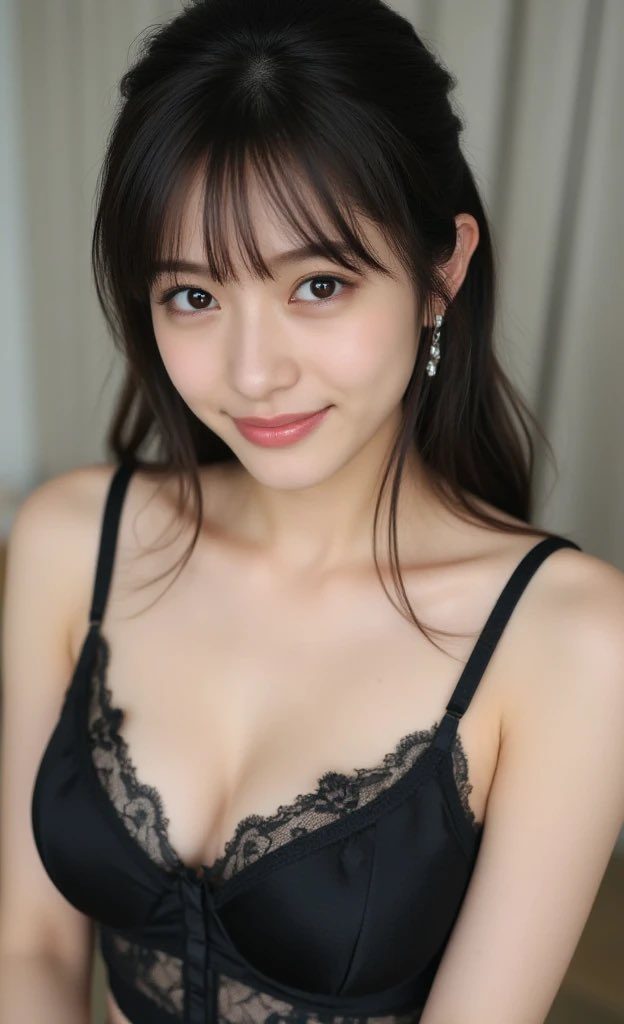 A beautiful AI-generated woman with long black hair and bangs, wearing a black lace-trimmed bra, smiles gently.
