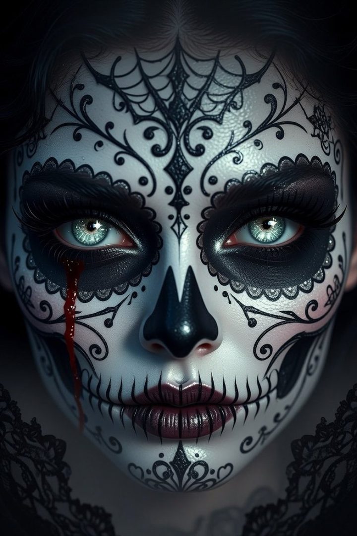 Close-up portrait of a woman with intricate Day of the Dead sugar skull makeup, featuring black floral patterns, spiderwebs, and a single red tear.