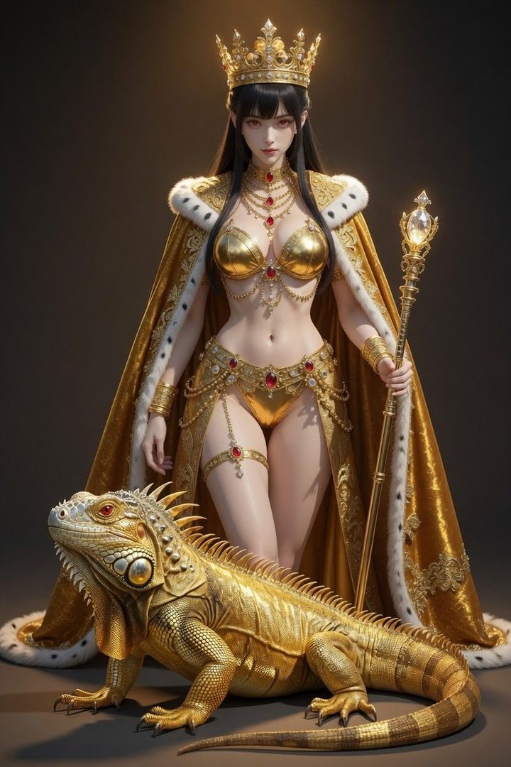 A regal AI-generated woman in a golden crown and ornate bikini stands beside a golden iguana, holding a scepter.