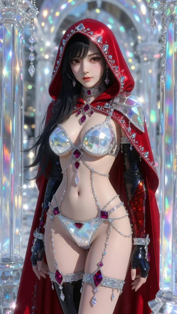 A woman in a red hooded cape and sparkling silver bikini poses in a glamorous, jewel-encrusted setting.