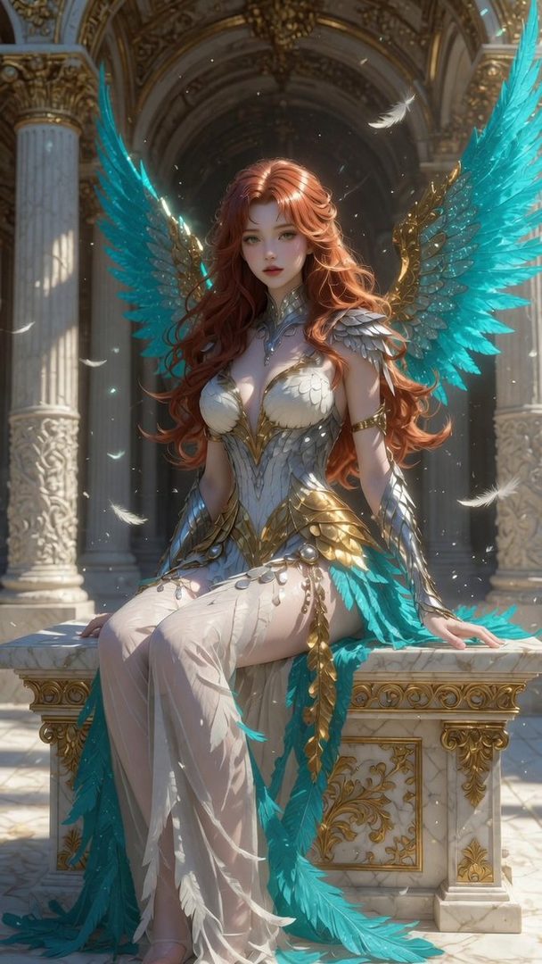 A beautiful AI-generated woman with long red hair and large blue wings, wearing an ornate white and gold outfit, sits on a marble pedestal in a grand hall.
