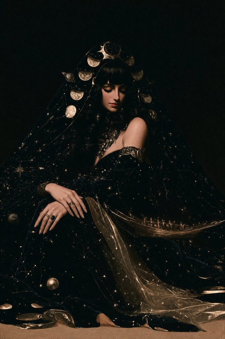 A woman in a dark, star-patterned dress with celestial motifs, wearing a veil adorned with moon phases, posing elegantly indoors.