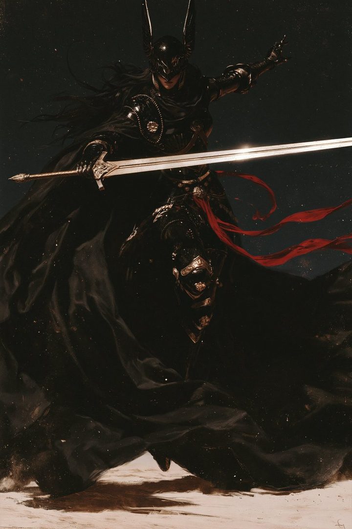 A dark fantasy warrior in black armor and a flowing cape holds a sword, with a starry night sky in the background.