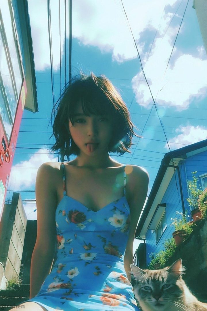A young woman with short dark hair, wearing a blue floral dress, sticks her tongue out playfully while posing outdoors with a cat.