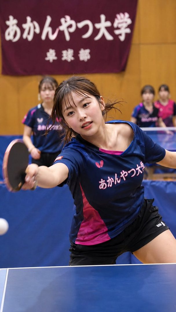 A young woman playing table tennis during a practice session, wearing a team uniform.