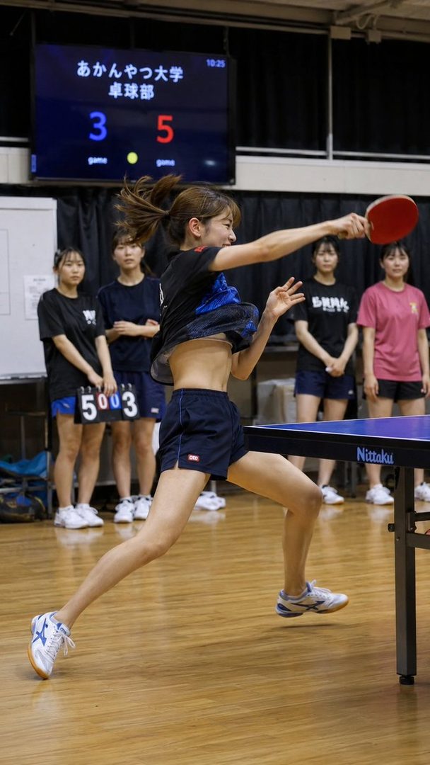 A young woman in sportswear playing table tennis, with teammates watching in the background.