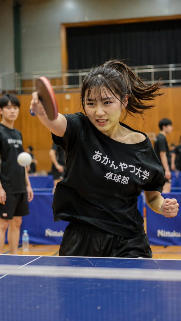 A young woman playing table tennis with intensity, wearing a black t-shirt with Japanese text, in an indoor sports hall.