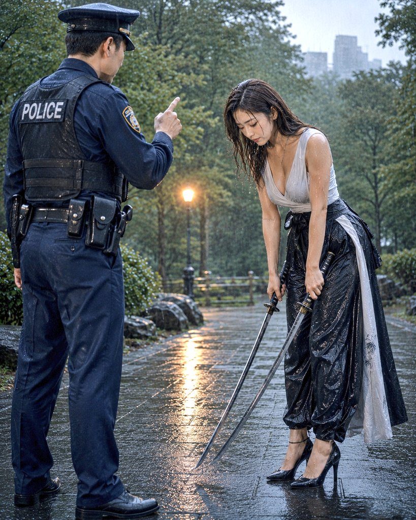 A police officer scolds a woman holding two swords in the rain in a park.