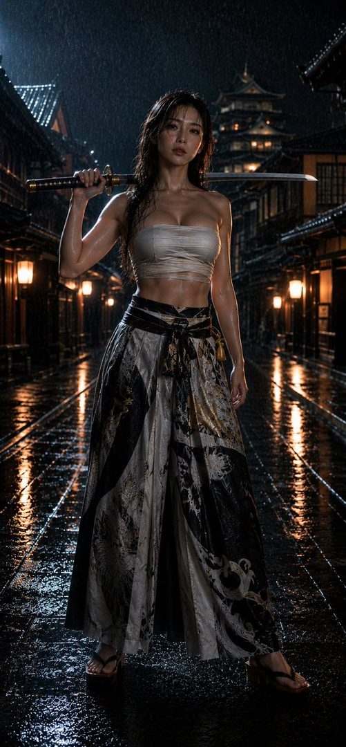 A woman with wet hair and a katana stands in a rainy, traditional Japanese street at night.