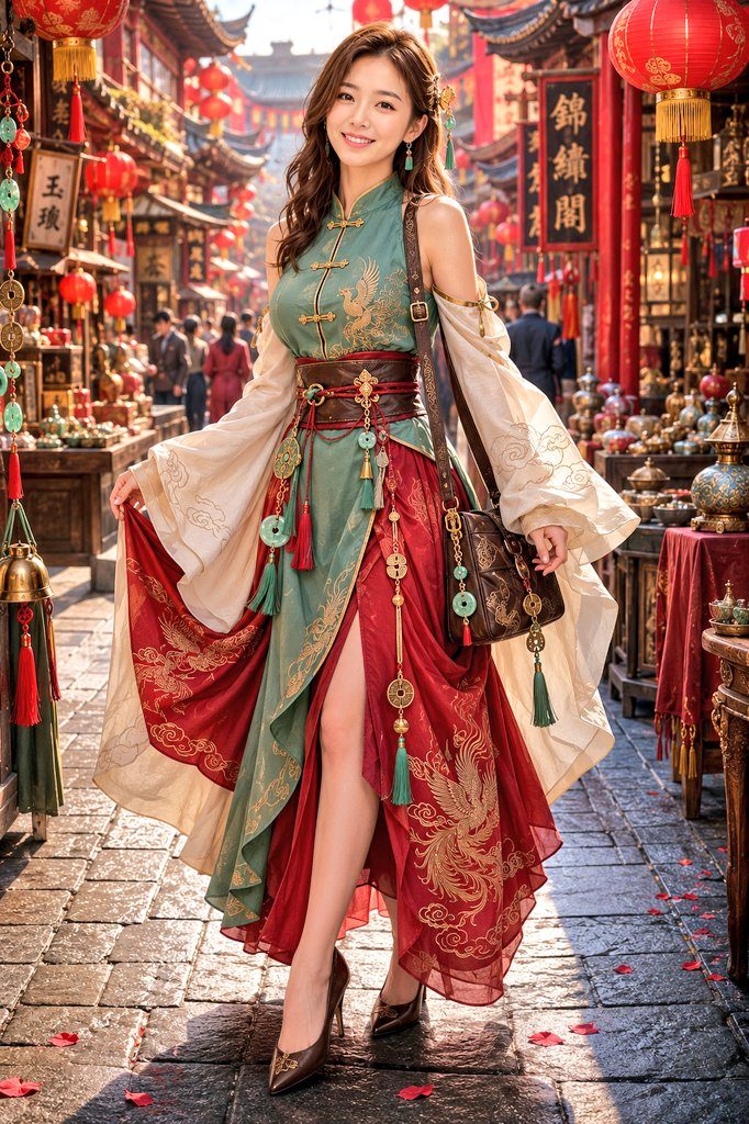 A beautiful East Asian woman in a traditional Chinese-inspired dress poses on a bustling street market.