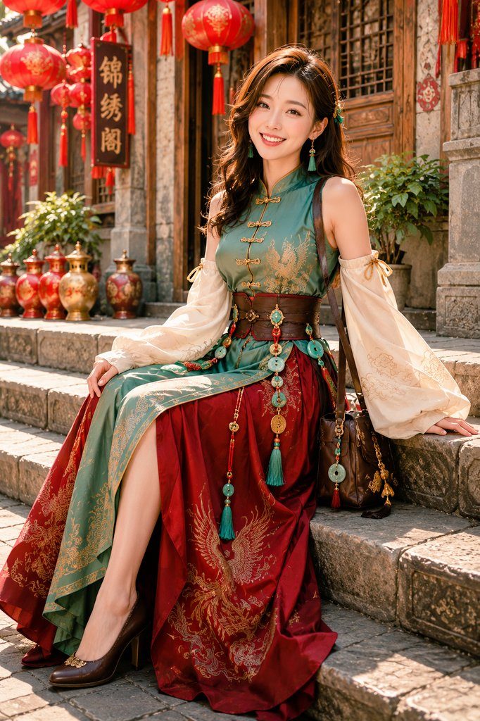A beautiful East Asian woman in a traditional Chinese-inspired dress with intricate embroidery and accessories, sitting on stone steps outdoors.