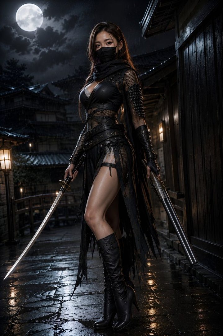A woman dressed as a ninja stands in a traditional Japanese street at night, holding two swords.