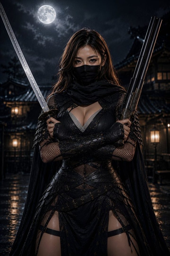 A woman dressed as an assassin or kunoichi, holding a katana and a rifle, stands in front of traditional Japanese buildings under a full moon.
