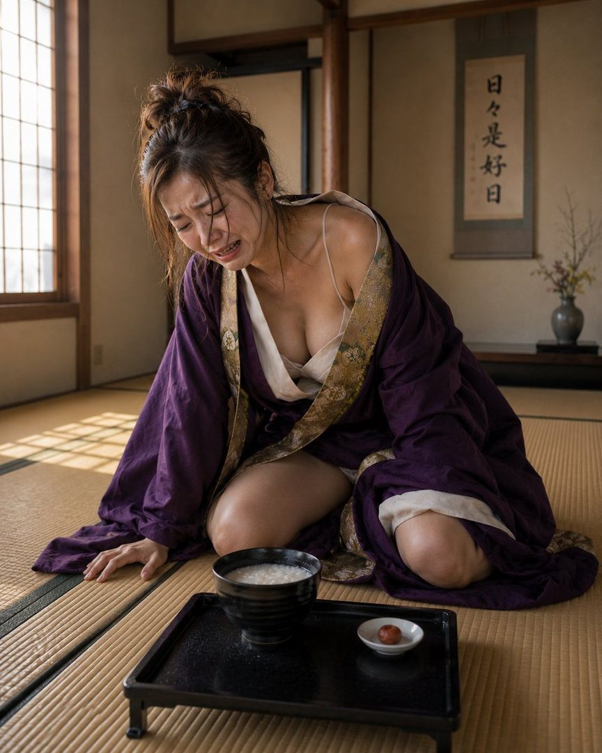 A crying Japanese woman in traditional attire sits on tatami mats with a bowl of rice and a plum.