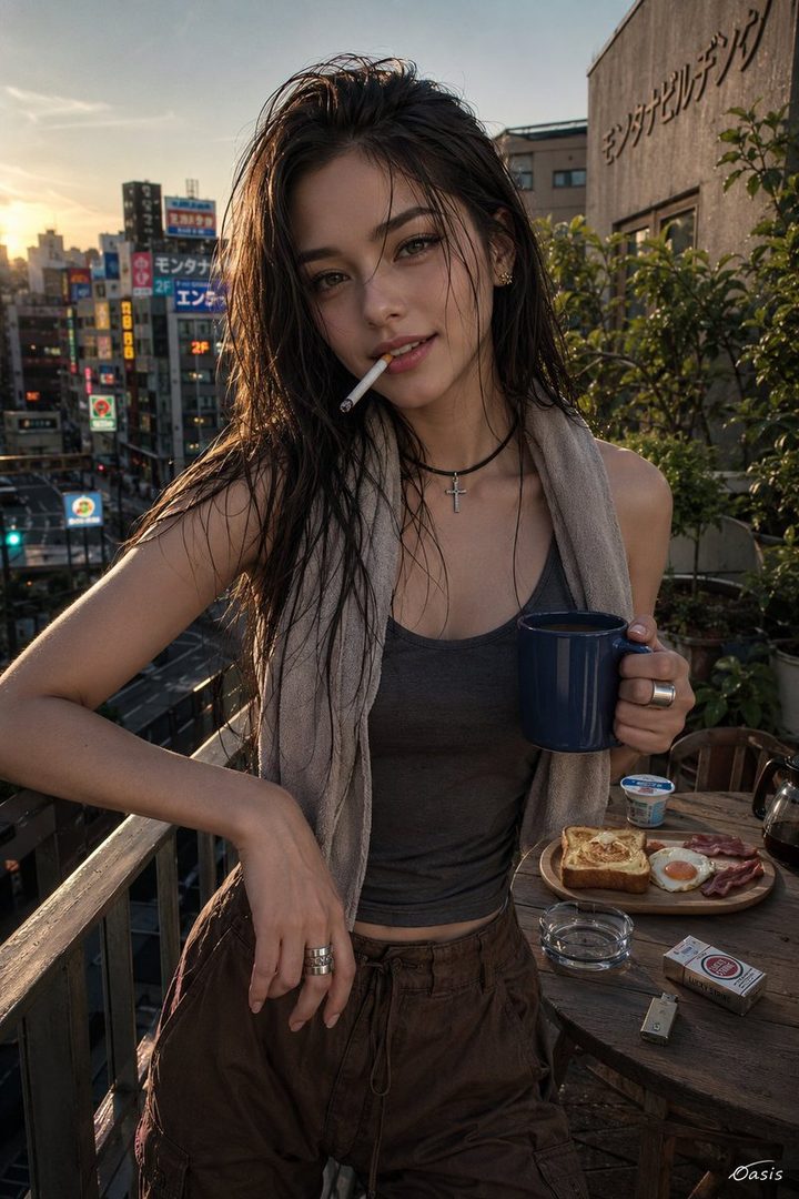 A young woman with long dark hair, wearing a grey tank top and brown cargo pants, stands on a balcony with a cigarette in her mouth and a mug of coffee in her hand, overlooking a city skyline at sunset.
