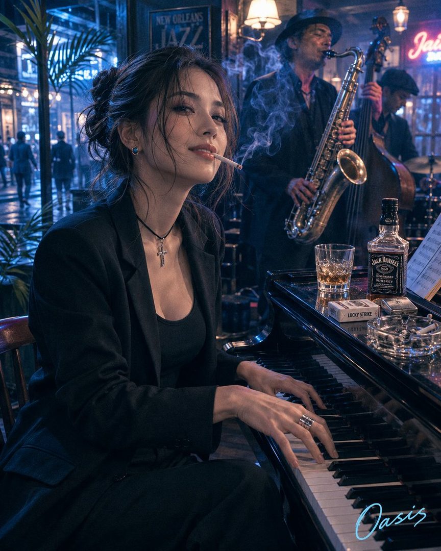 A woman plays the piano in a dimly lit jazz club, smoking a cigarette, with musicians playing in the background.