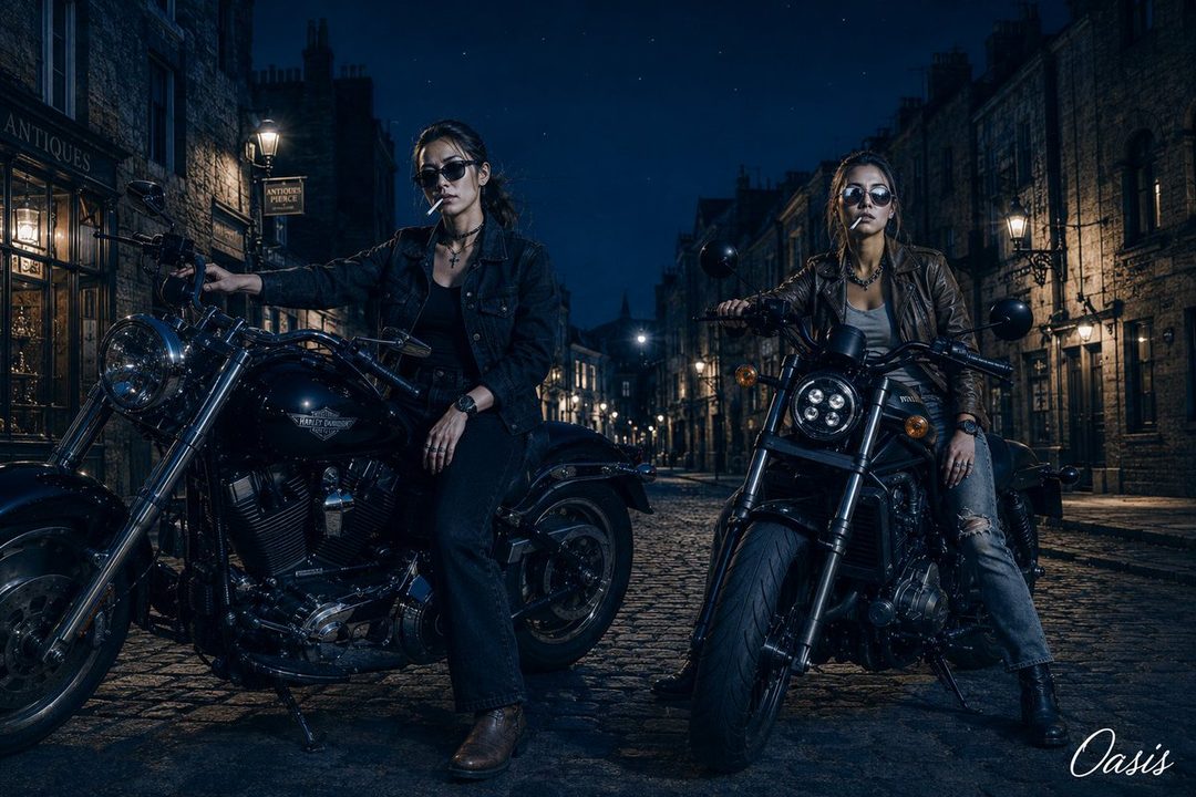 Two women in leather jackets and sunglasses sitting on motorcycles on a cobblestone street at night, smoking cigarettes.