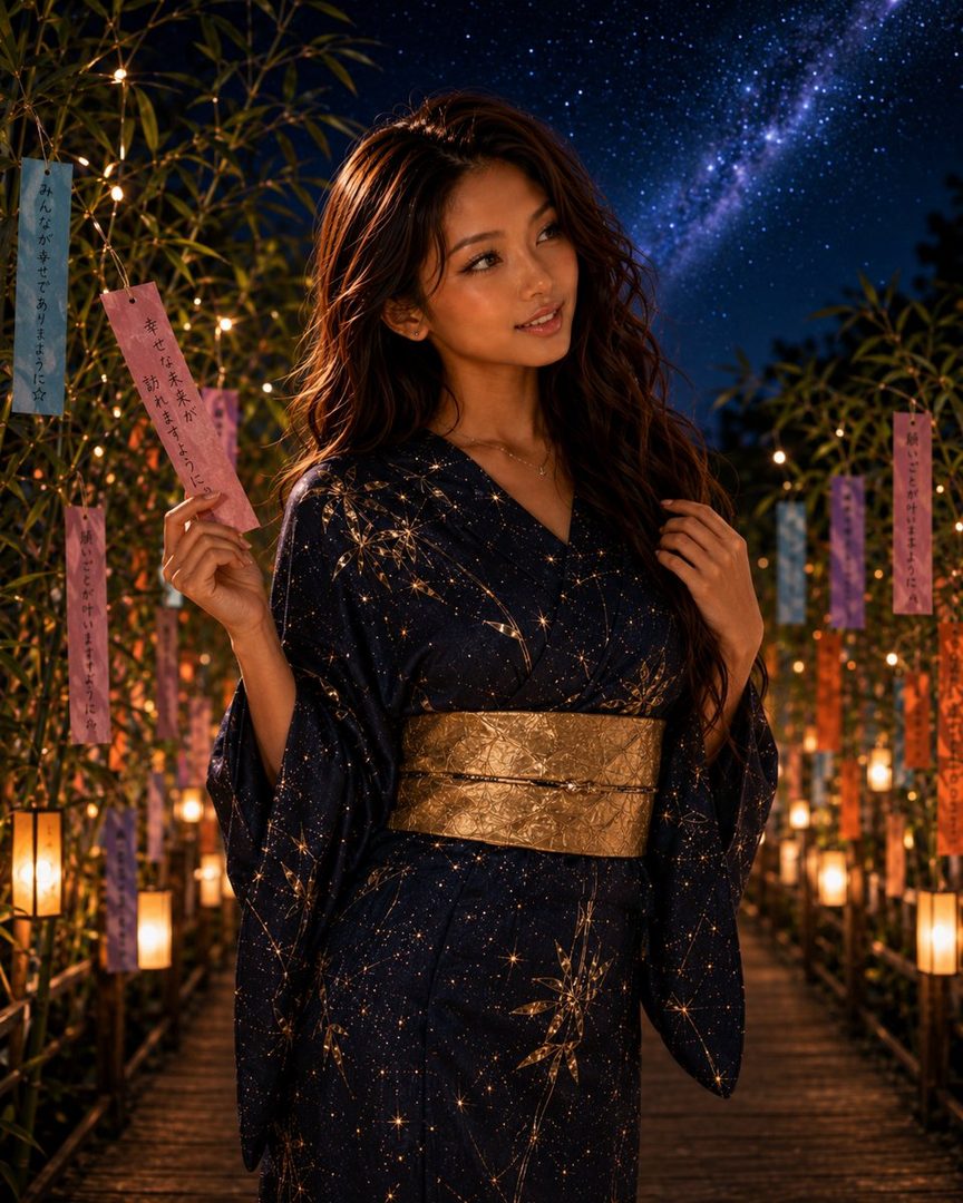 A beautiful woman in a dark blue kimono with a golden obi, standing on a wooden path lined with bamboo and lanterns under a starry night sky.