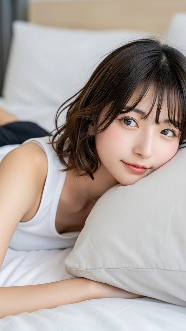 A young East Asian woman with short brown hair and bangs, wearing a white tank top, lies on a bed with a pillow, looking towards the camera with a gentle smile.