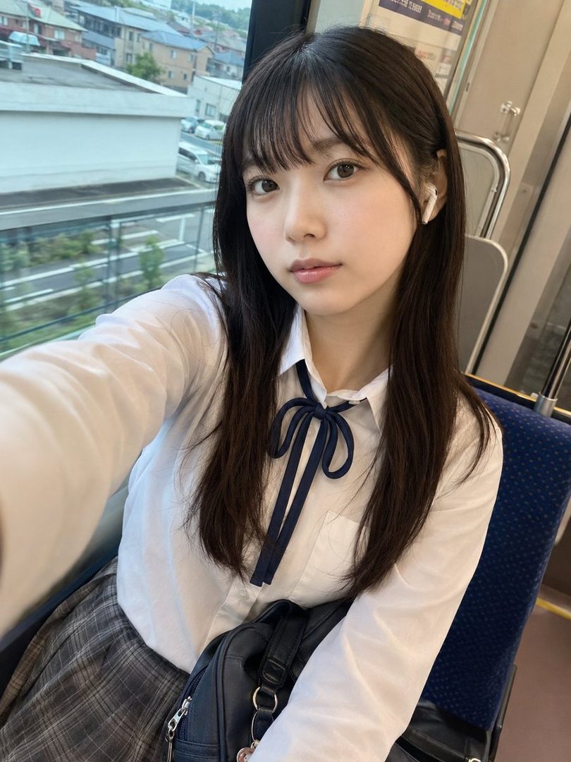 A young East Asian woman with long black hair and bangs, wearing a white collared shirt with a dark blue ribbon tie and a plaid skirt, takes a selfie on a train.