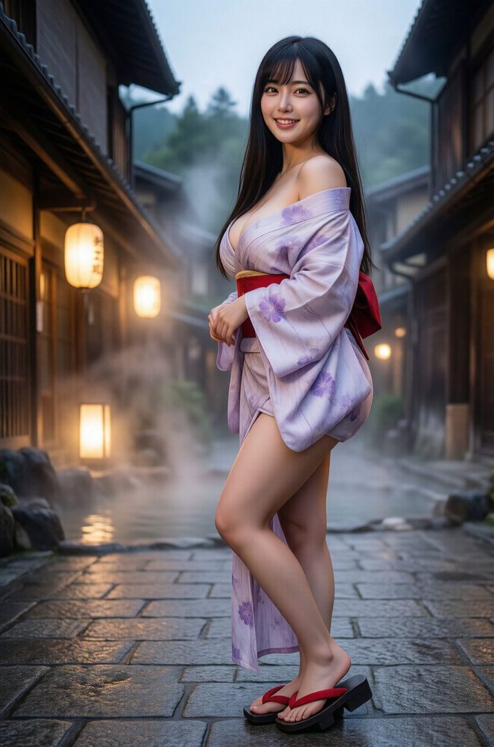 A beautiful young woman in a light purple yukata with floral patterns stands on a wet stone path in a traditional Japanese hot spring town.