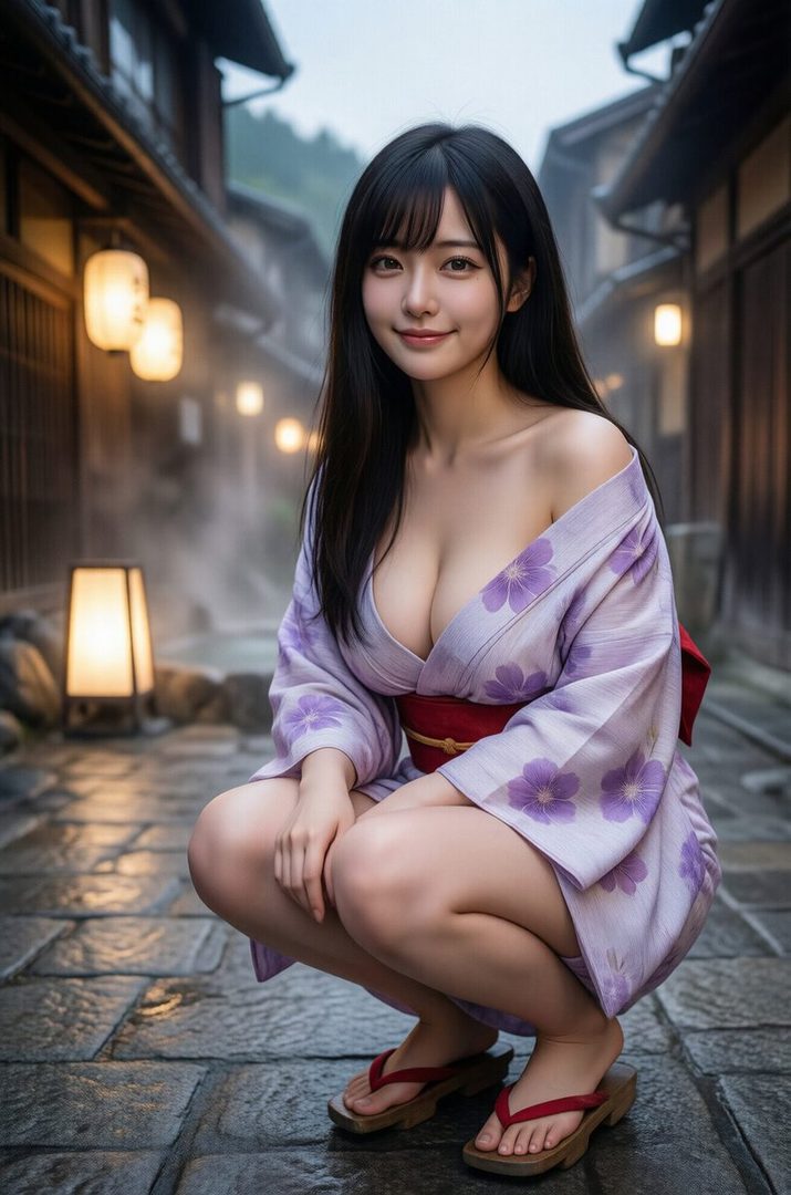 A beautiful young woman in a purple floral yukata and geta sandals squats on a cobblestone street in a traditional Japanese hot spring town.