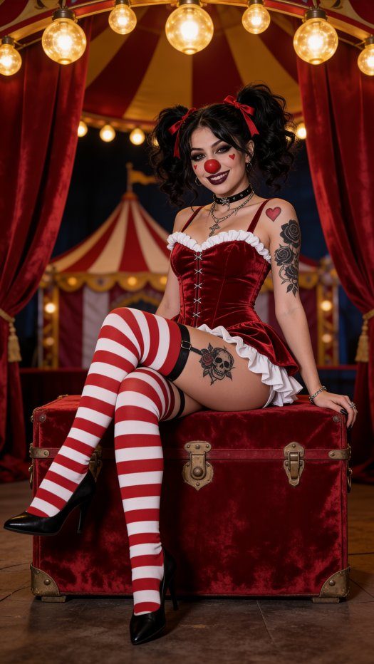 A woman dressed as a gothic clown with red and white striped stockings and a velvet corset sits on a red trunk in front of a circus tent.