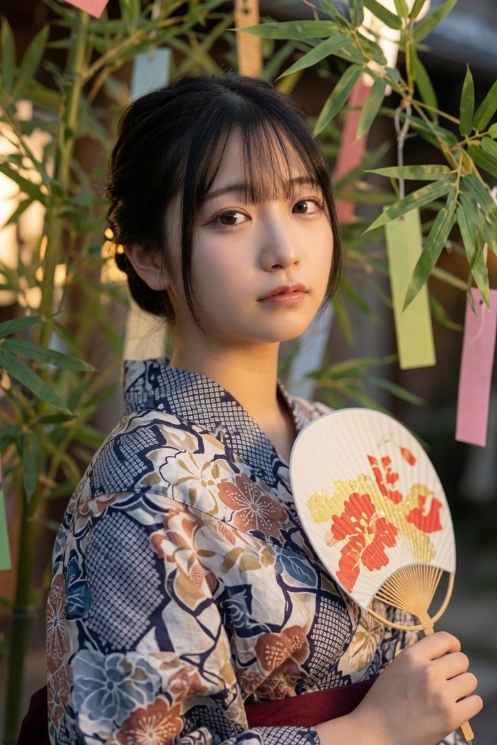 A young Japanese woman in a floral yukata holds a traditional fan, with bamboo and colorful tanzaku streamers in the background.