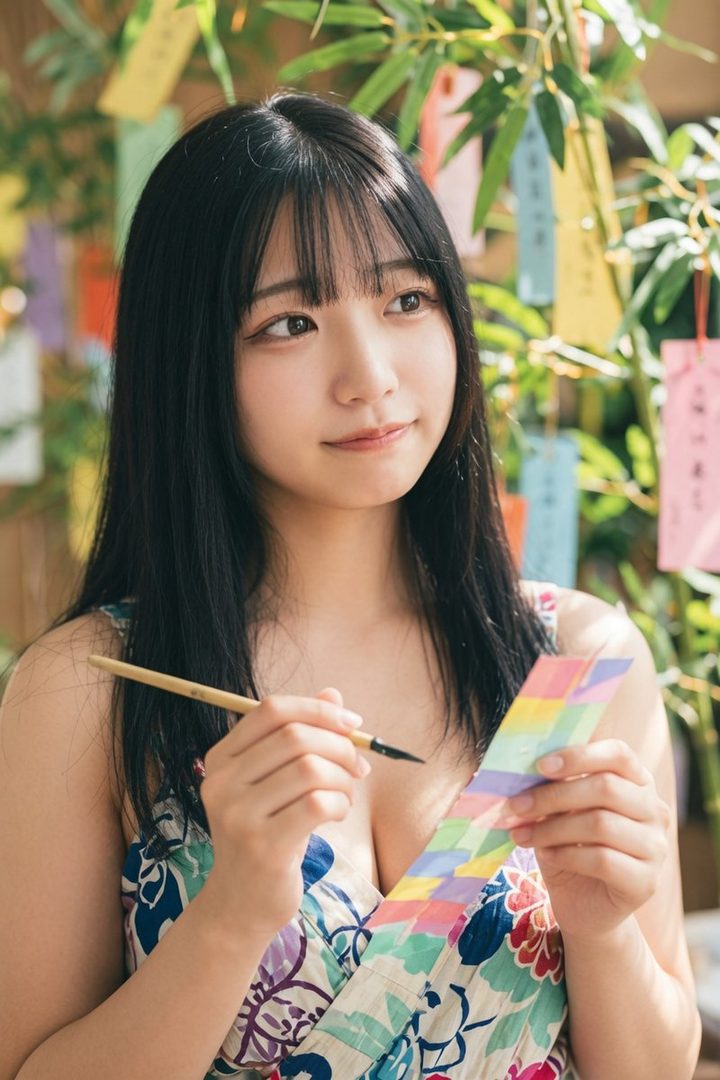 A young Japanese woman with long black hair and bangs, wearing a floral dress, holds a paintbrush and a colorful strip of paper, with bamboo and tanzaku decorations in the background.