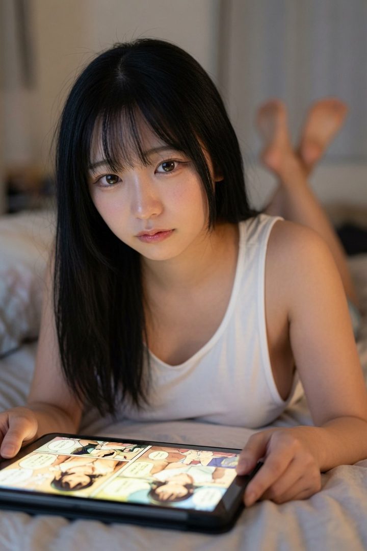 A young woman with long black hair lies on a bed, looking at a tablet displaying a comic.