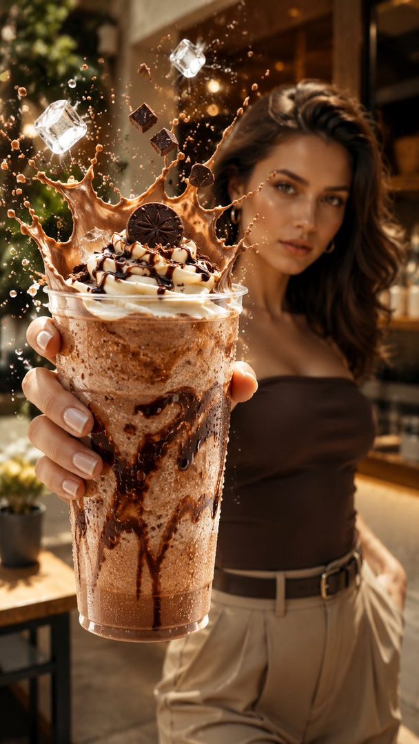 A woman holds a chocolate frappe with a dramatic splash, ice cubes, and chocolate pieces exploding upwards, in a luxury cafe setting.