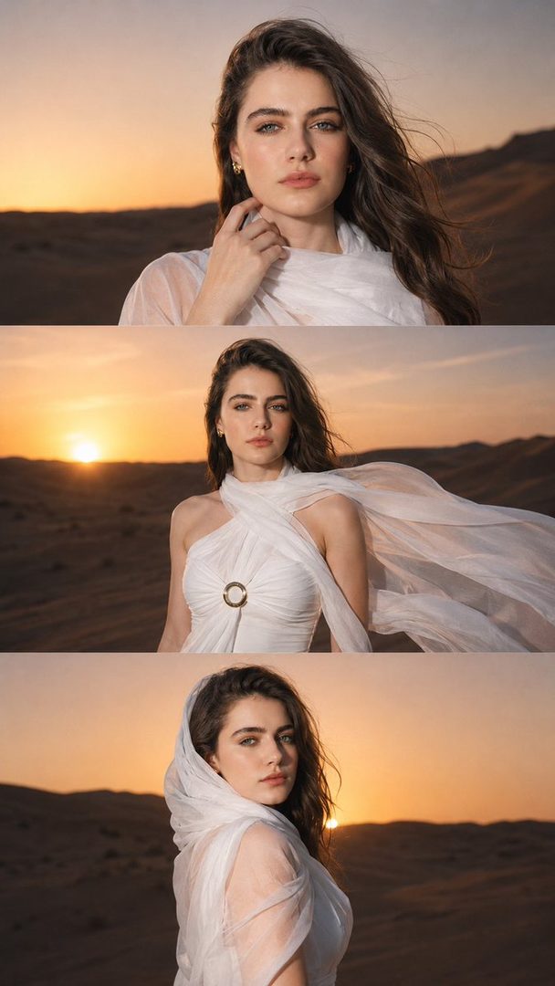 A woman in a white dress and scarf poses in the desert at sunset, with dramatic flash lighting.